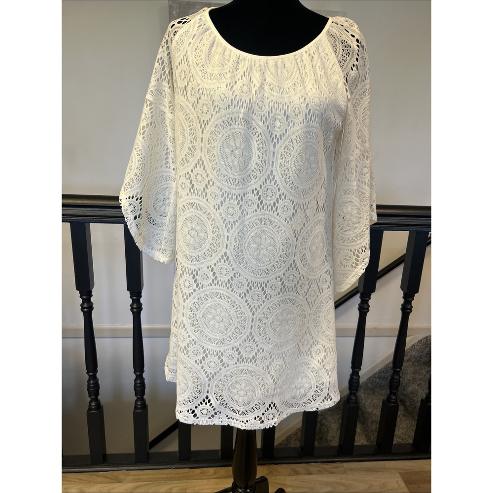 Tacera Women's Dress Ivory Lace Overlay Lined Bell Sleeves Sheath Boho‎ Size S